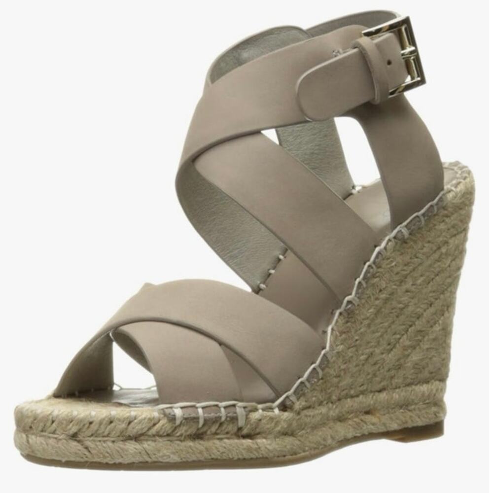 Joie Kaelyn Nude Leather Espadrille Wedge Sandals 38 Crisscross Ankle Strap Heel